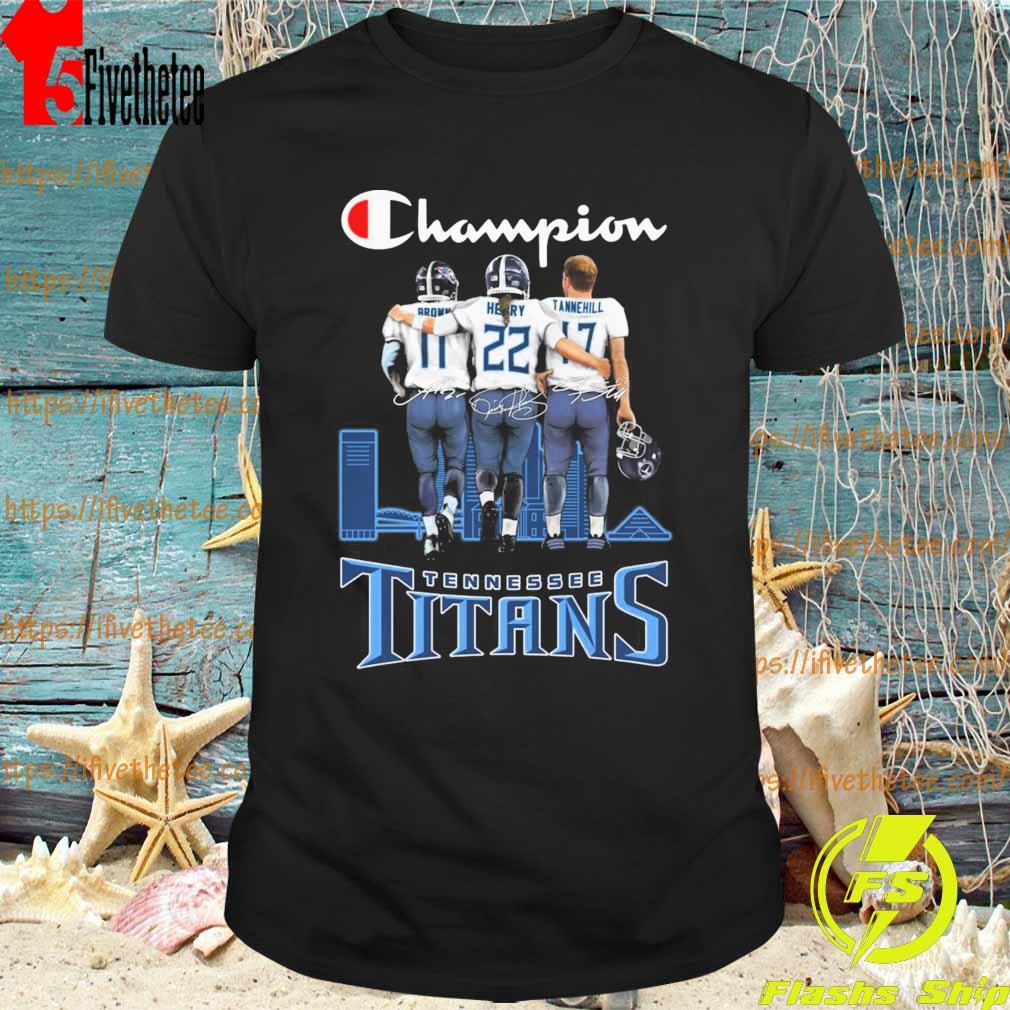 Champions A. J. Brown Derrick Henry and Ryan Tannehill Tennessee Titans signatures shirt